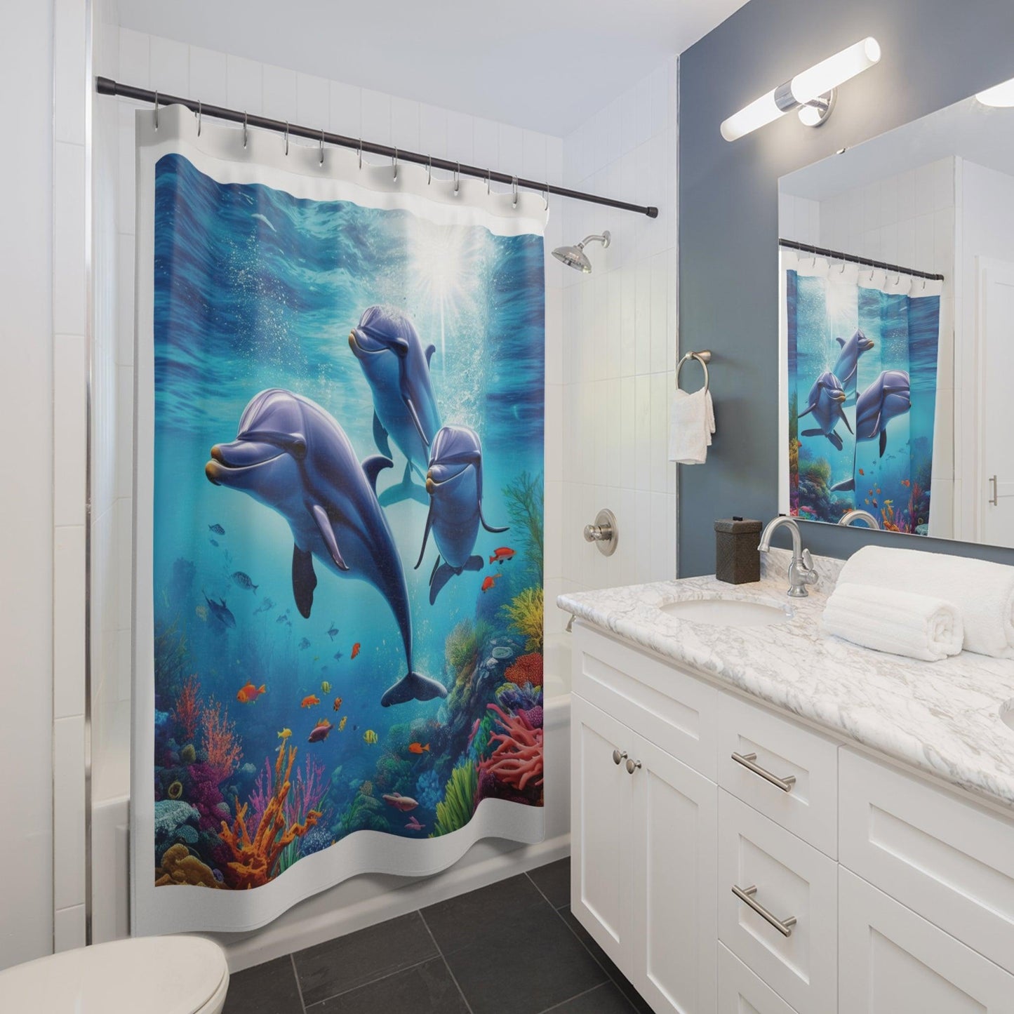 Discover your passions Shower Curtains The Dolphins - iprintyourpassions.com